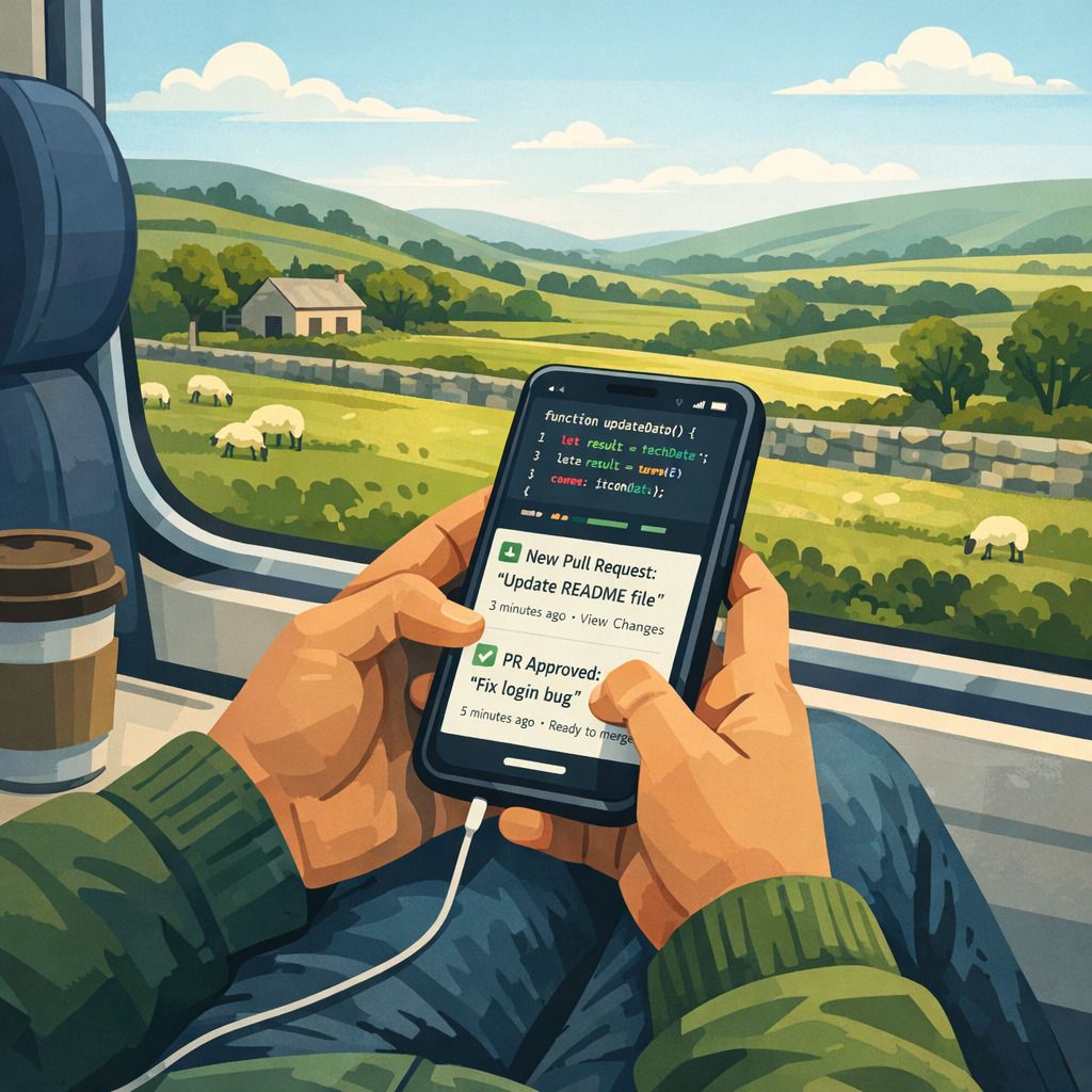 A person working on pull requests on their phone from a train with sheep outside the window